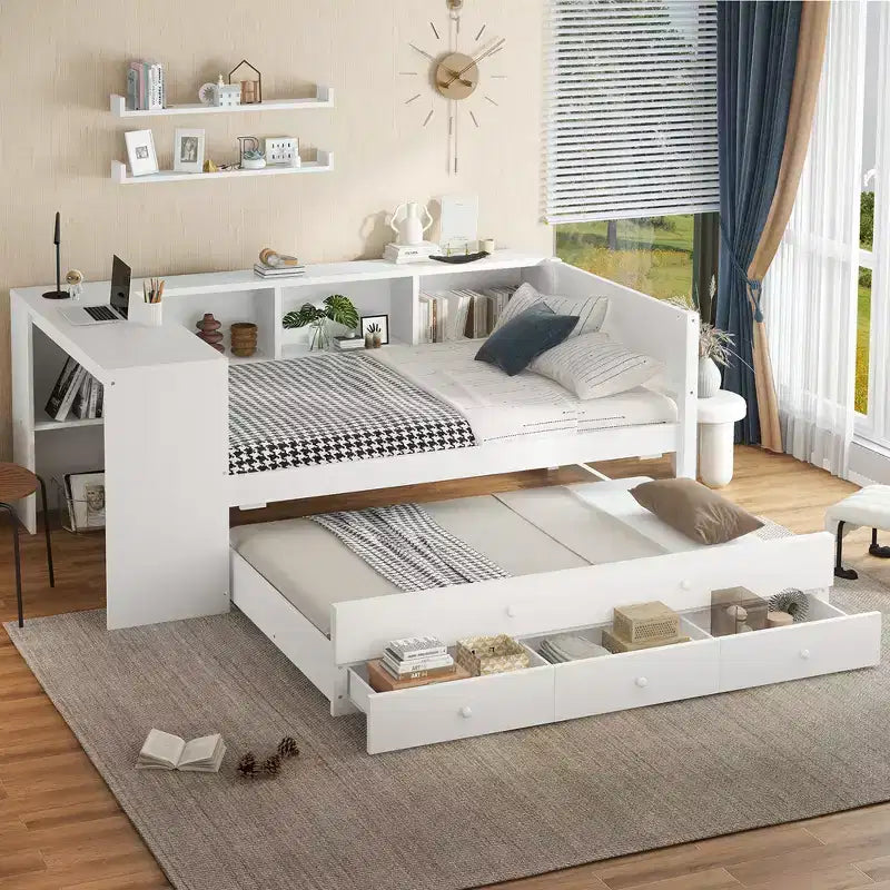 Divano letto singolo/matrimoniale con letto estraibile, struttura in legno con scrivania, cassetti portaoggetti e mensole, nessuna molla a scatola necessaria - ModernLuxe