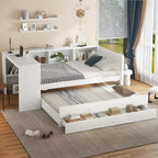 Divano letto singolo/matrimoniale con letto estraibile, struttura in legno con scrivania, cassetti portaoggetti e mensole, nessuna molla a scatola necessaria - ModernLuxe