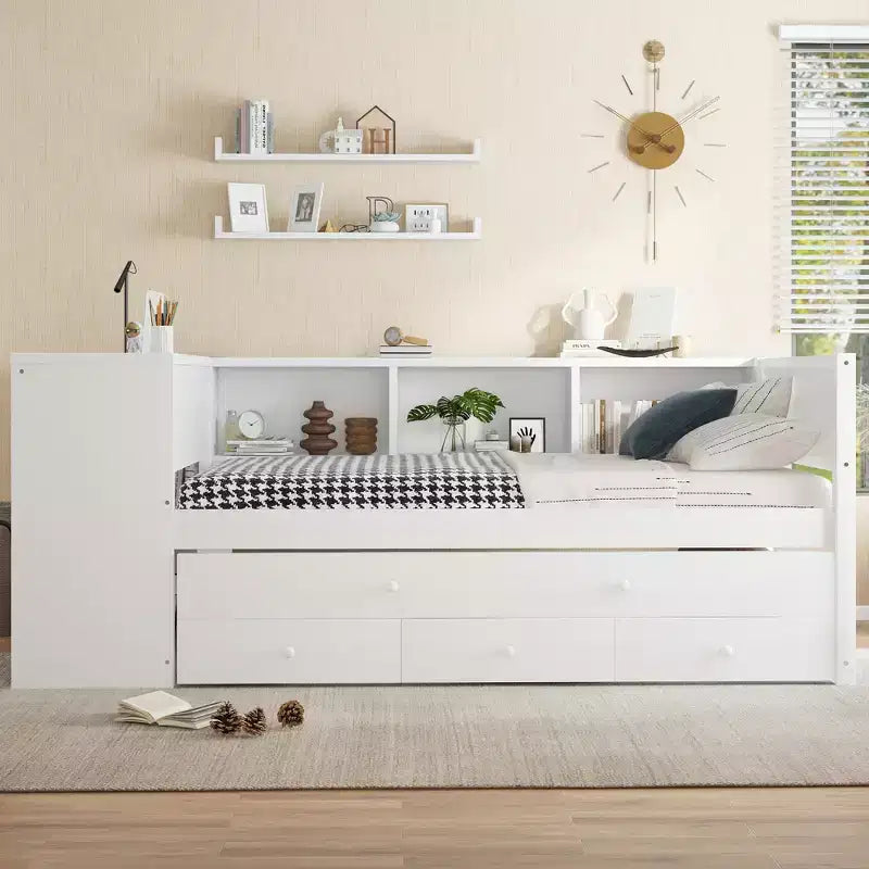 Divano letto singolo/matrimoniale con letto estraibile, struttura in legno con scrivania, cassetti portaoggetti e mensole, nessuna molla a scatola necessaria - ModernLuxe