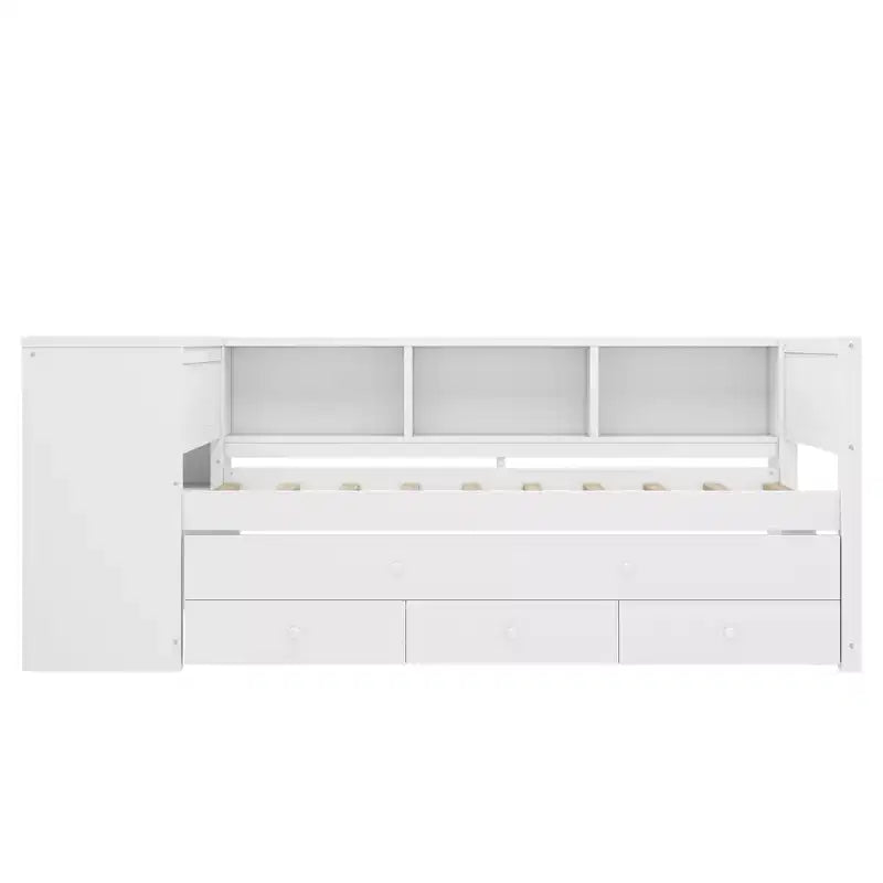Divano letto singolo/matrimoniale con letto estraibile, struttura in legno con scrivania, cassetti portaoggetti e mensole, nessuna molla a scatola necessaria - ModernLuxe