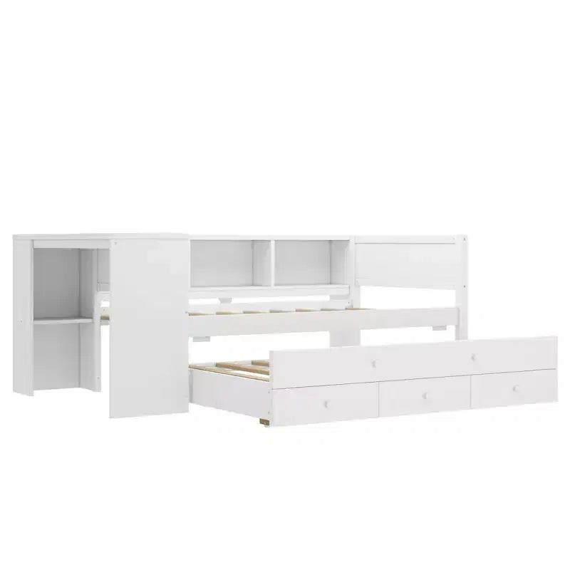 Divano letto singolo/matrimoniale con letto estraibile, struttura in legno con scrivania, cassetti portaoggetti e mensole, nessuna molla a scatola necessaria - ModernLuxe