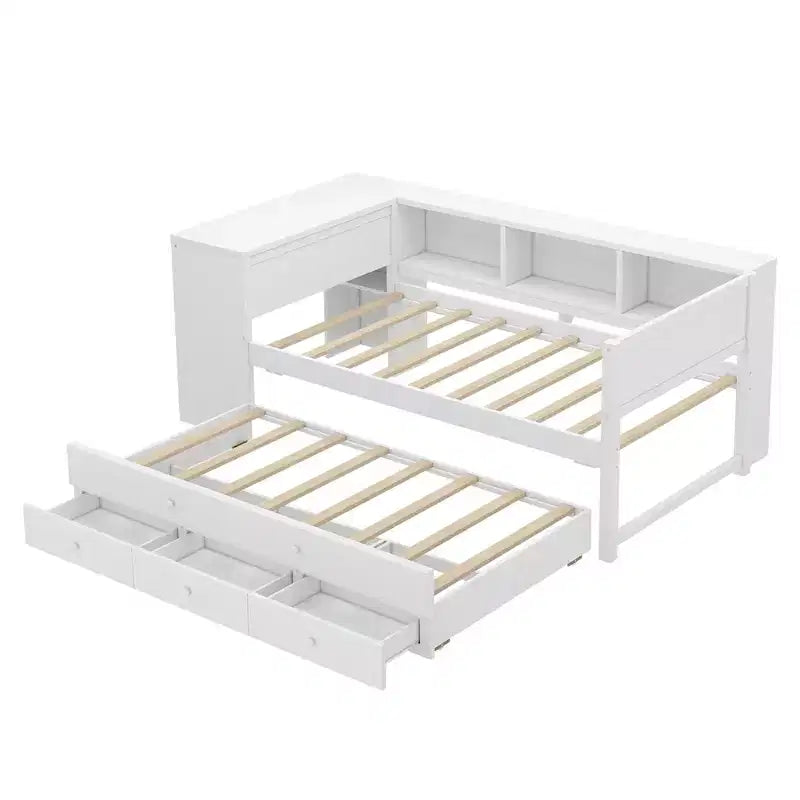 Divano letto singolo/matrimoniale con letto estraibile, struttura in legno con scrivania, cassetti portaoggetti e mensole, nessuna molla a scatola necessaria - ModernLuxe