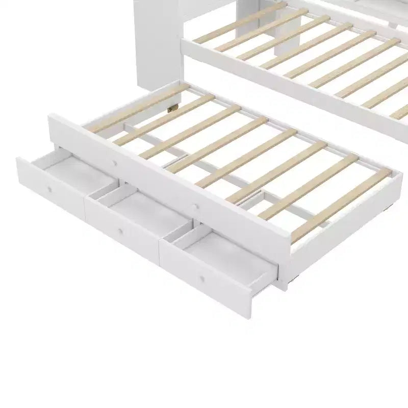 Divano letto singolo/matrimoniale con letto estraibile, struttura in legno con scrivania, cassetti portaoggetti e mensole, nessuna molla a scatola necessaria - ModernLuxe