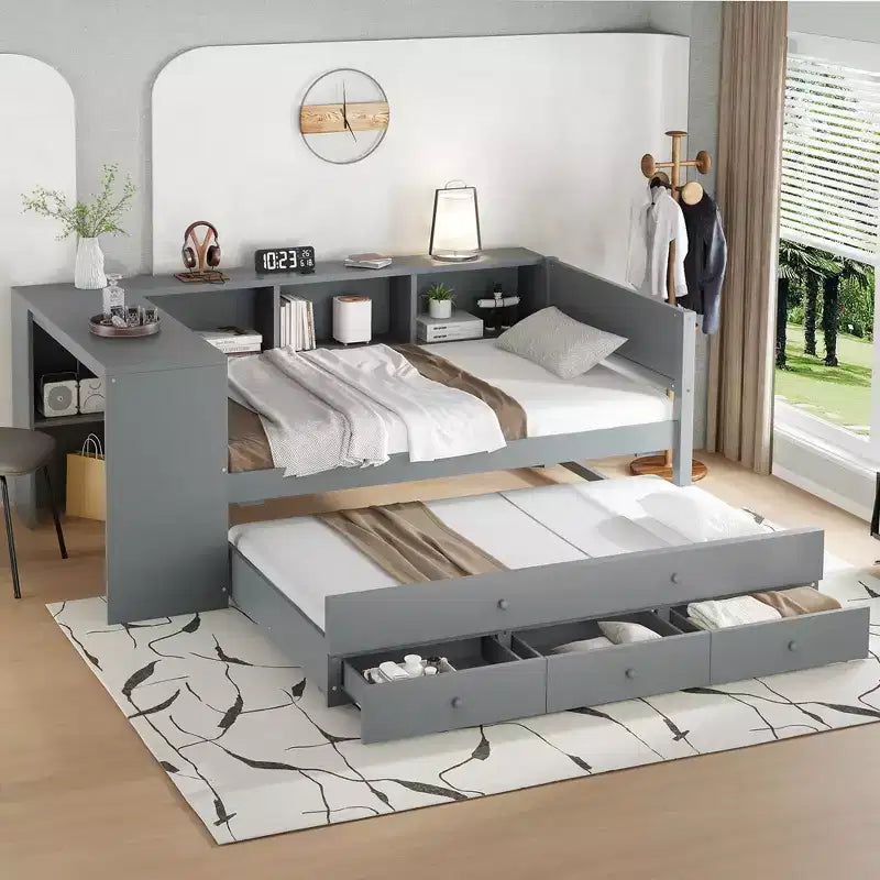 Divano letto singolo/matrimoniale con letto estraibile, struttura in legno con scrivania, cassetti portaoggetti e mensole, nessuna molla a scatola necessaria - ModernLuxe