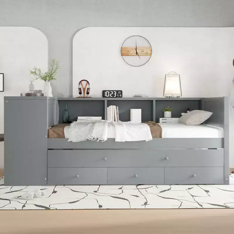 Divano letto singolo/matrimoniale con letto estraibile, struttura in legno con scrivania, cassetti portaoggetti e mensole, nessuna molla a scatola necessaria - ModernLuxe