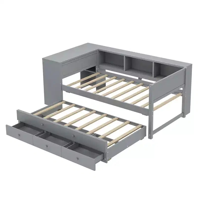 Divano letto singolo/matrimoniale con letto estraibile, struttura in legno con scrivania, cassetti portaoggetti e mensole, nessuna molla a scatola necessaria - ModernLuxe