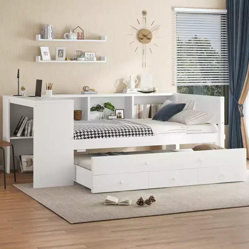 Divano letto singolo/matrimoniale con letto estraibile, struttura in legno con scrivania, cassetti portaoggetti e mensole, nessuna molla a scatola necessaria - ModernLuxe