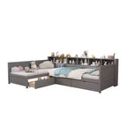 Divano letto a giorno angolare Whisen Twin a L, Struttura letto angolare in legno con 3 cassetti e libreria
