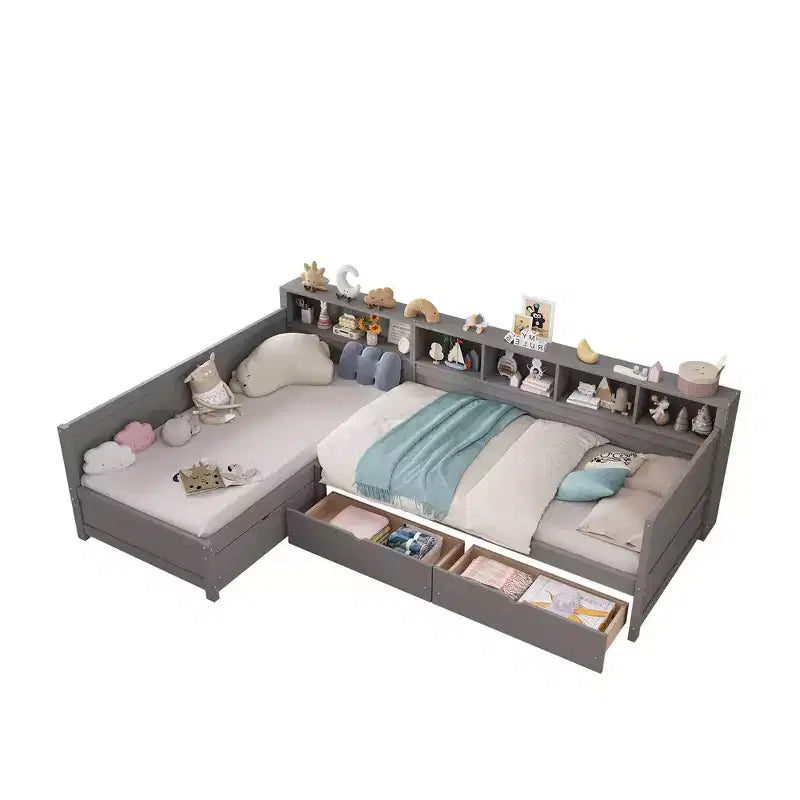 Divano letto a giorno angolare Whisen Twin a L, Struttura letto angolare in legno con 3 cassetti e libreria