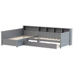 Divano letto a giorno angolare Whisen Twin a L, Struttura letto angolare in legno con 3 cassetti e libreria