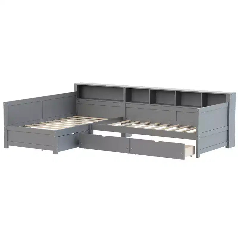 Divano letto a giorno angolare Whisen Twin a L, Struttura letto angolare in legno con 3 cassetti e libreria