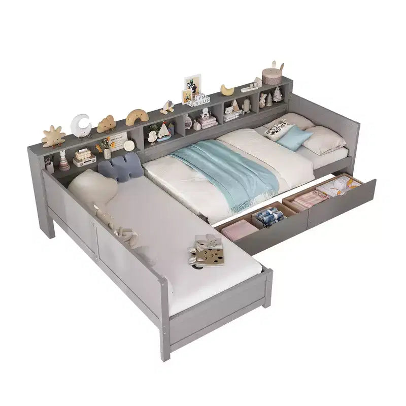 Divano letto a giorno angolare Whisen Twin a L, Struttura letto angolare in legno con 3 cassetti e libreria