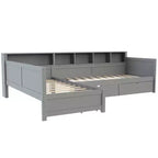Divano letto a giorno angolare Whisen Twin a L, Struttura letto angolare in legno con 3 cassetti e libreria