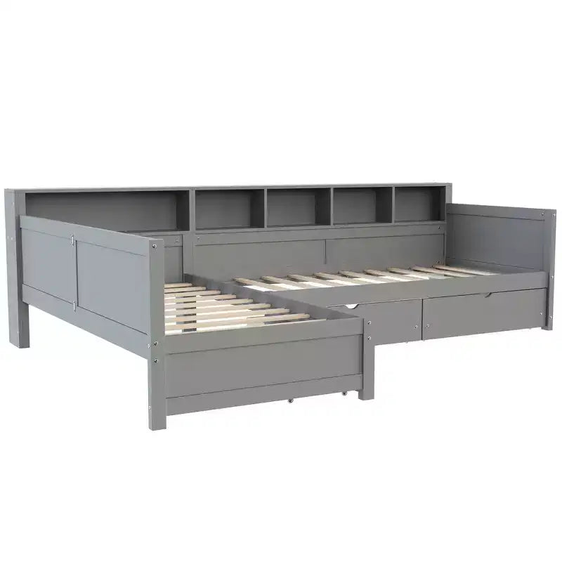Divano letto a giorno angolare Whisen Twin a L, Struttura letto angolare in legno con 3 cassetti e libreria