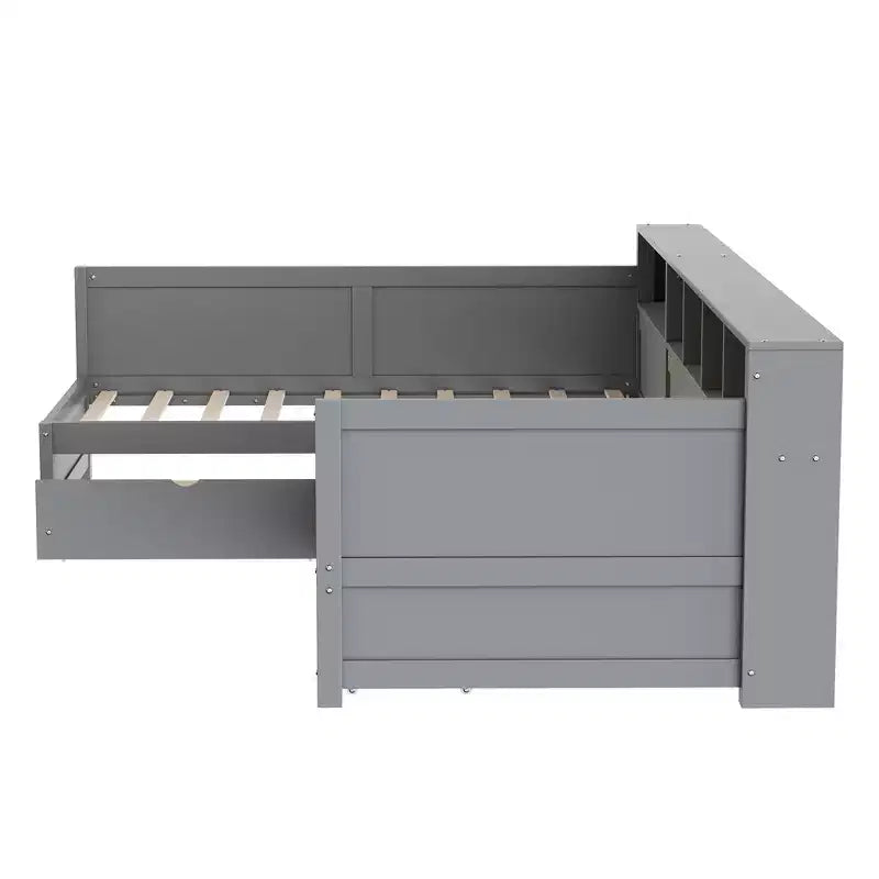 Divano letto a giorno angolare Whisen Twin a L, Struttura letto angolare in legno con 3 cassetti e libreria