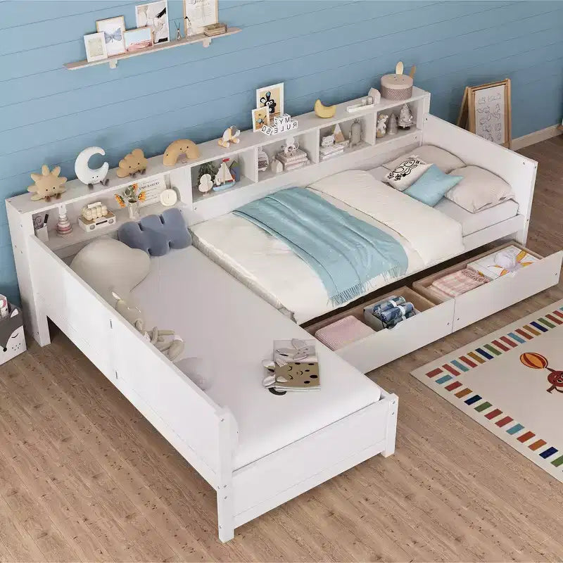 Divano letto a giorno angolare Whisen Twin a L, Struttura letto angolare in legno con 3 cassetti e libreria