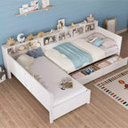Divano letto a giorno angolare Whisen Twin a L, Struttura letto angolare in legno con 3 cassetti e libreria