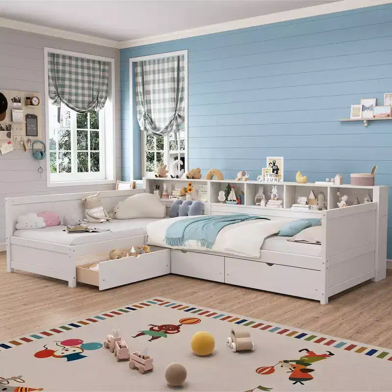 Divano letto a giorno angolare Whisen Twin a L, Struttura letto angolare in legno con 3 cassetti e libreria