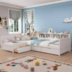 Divano letto a giorno angolare Whisen Twin a L, Struttura letto angolare in legno con 3 cassetti e libreria