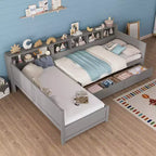 Divano letto a giorno angolare Whisen Twin a L, Struttura letto angolare in legno con 3 cassetti e libreria