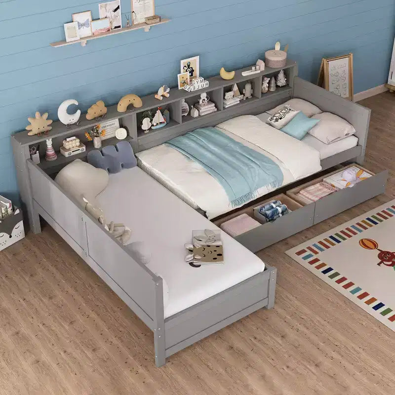 Divano letto a giorno angolare Whisen Twin a L, Struttura letto angolare in legno con 3 cassetti e libreria
