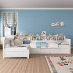 Divano letto a giorno angolare Whisen Twin a L, Struttura letto angolare in legno con 3 cassetti e libreria