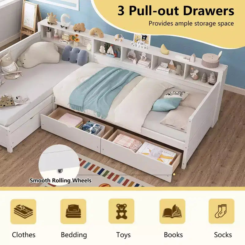 Divano letto a giorno angolare Whisen Twin a L, Struttura letto angolare in legno con 3 cassetti e libreria