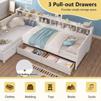 Divano letto a giorno angolare Whisen Twin a L, Struttura letto angolare in legno con 3 cassetti e libreria