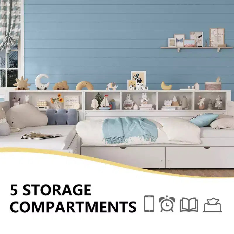 Divano letto a giorno angolare Whisen Twin a L, Struttura letto angolare in legno con 3 cassetti e libreria
