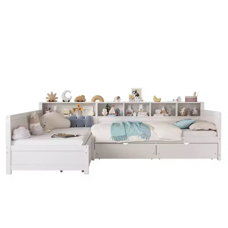 Divano letto a giorno angolare Whisen Twin a L, Struttura letto angolare in legno con 3 cassetti e libreria