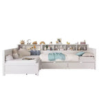 Divano letto a giorno angolare Whisen Twin a L, Struttura letto angolare in legno con 3 cassetti e libreria