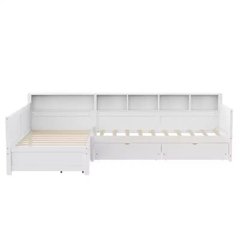 Divano letto a giorno angolare Whisen Twin a L, Struttura letto angolare in legno con 3 cassetti e libreria