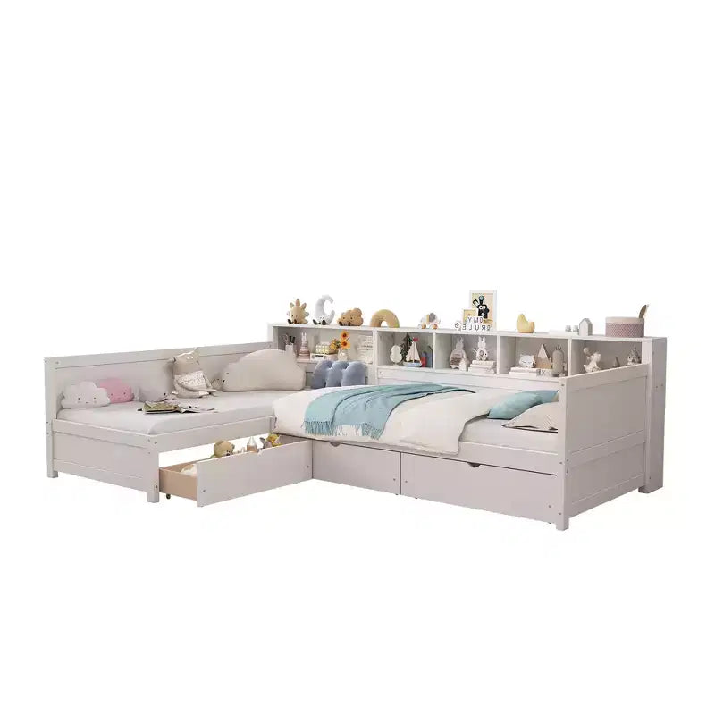 Divano letto a giorno angolare Whisen Twin a L, Struttura letto angolare in legno con 3 cassetti e libreria