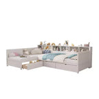 Divano letto a giorno angolare Whisen Twin a L, Struttura letto angolare in legno con 3 cassetti e libreria