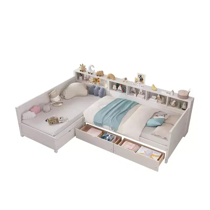 Divano letto a giorno angolare Whisen Twin a L, Struttura letto angolare in legno con 3 cassetti e libreria