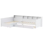 Divano letto a giorno angolare Whisen Twin a L, Struttura letto angolare in legno con 3 cassetti e libreria