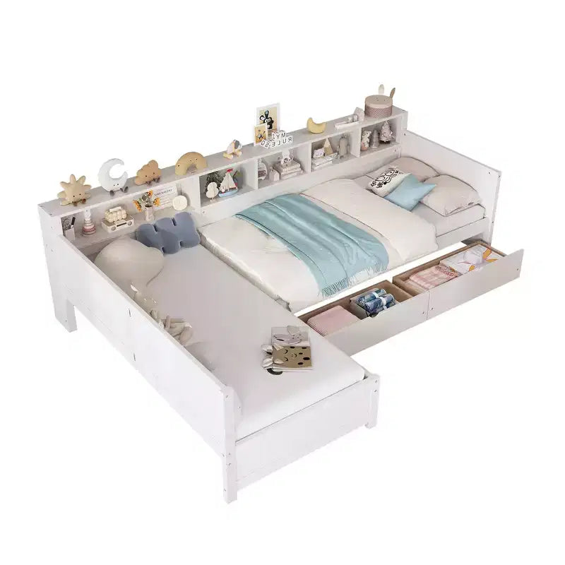 Divano letto a giorno angolare Whisen Twin a L, Struttura letto angolare in legno con 3 cassetti e libreria