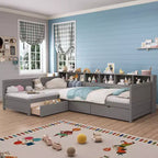 Divano letto a giorno angolare Whisen Twin a L, Struttura letto angolare in legno con 3 cassetti e libreria