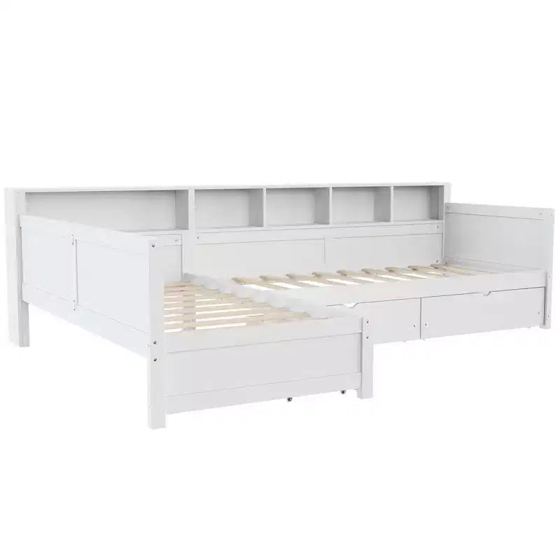 Divano letto a giorno angolare Whisen Twin a L, Struttura letto angolare in legno con 3 cassetti e libreria