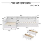 Divano letto a giorno angolare Whisen Twin a L, Struttura letto angolare in legno con 3 cassetti e libreria