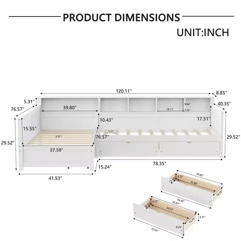 Divano letto a giorno angolare Whisen Twin a L, Struttura letto angolare in legno con 3 cassetti e libreria