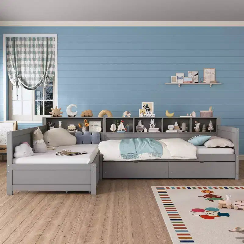Divano letto a giorno angolare Whisen Twin a L, Struttura letto angolare in legno con 3 cassetti e libreria
