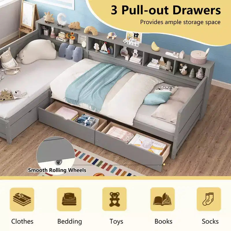 Divano letto a giorno angolare Whisen Twin a L, Struttura letto angolare in legno con 3 cassetti e libreria