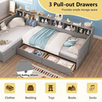 Divano letto a giorno angolare Whisen Twin a L, Struttura letto angolare in legno con 3 cassetti e libreria