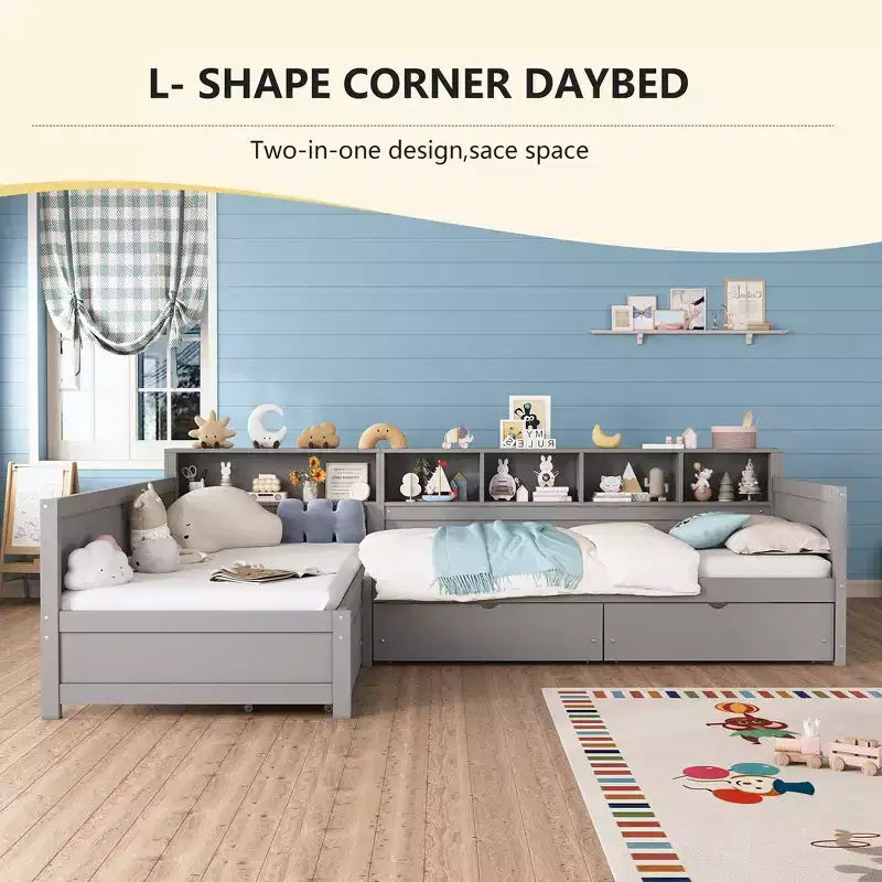 Divano letto a giorno angolare Whisen Twin a L, Struttura letto angolare in legno con 3 cassetti e libreria