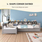 Divano letto a giorno angolare Whisen Twin a L, Struttura letto angolare in legno con 3 cassetti e libreria