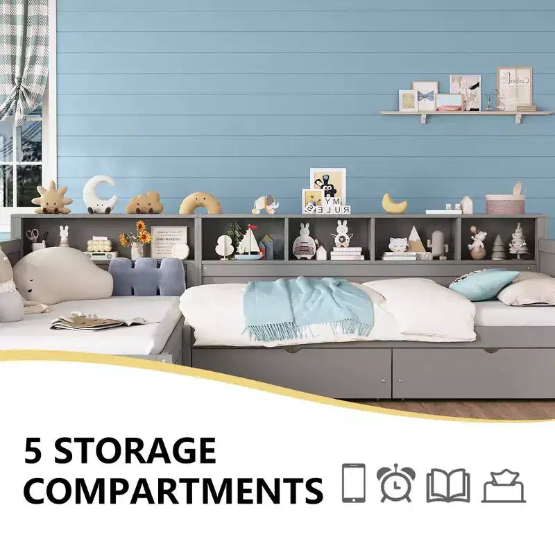 Divano letto a giorno angolare Whisen Twin a L, Struttura letto angolare in legno con 3 cassetti e libreria