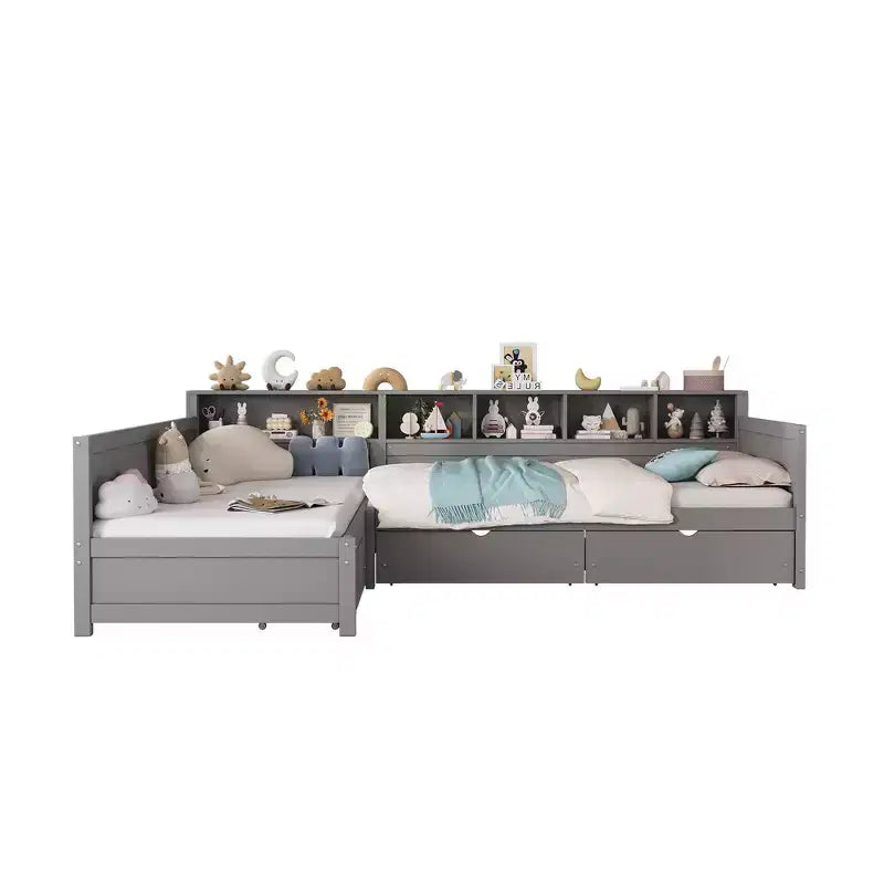 Divano letto a giorno angolare Whisen Twin a L, Struttura letto angolare in legno con 3 cassetti e libreria