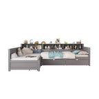 Divano letto a giorno angolare Whisen Twin a L, Struttura letto angolare in legno con 3 cassetti e libreria