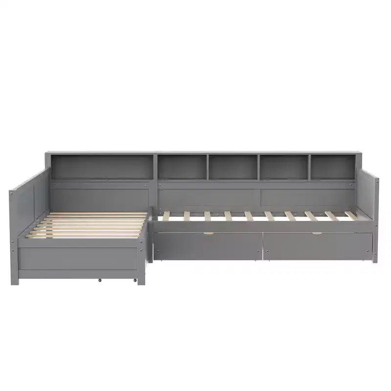 Divano letto a giorno angolare Whisen Twin a L, Struttura letto angolare in legno con 3 cassetti e libreria
